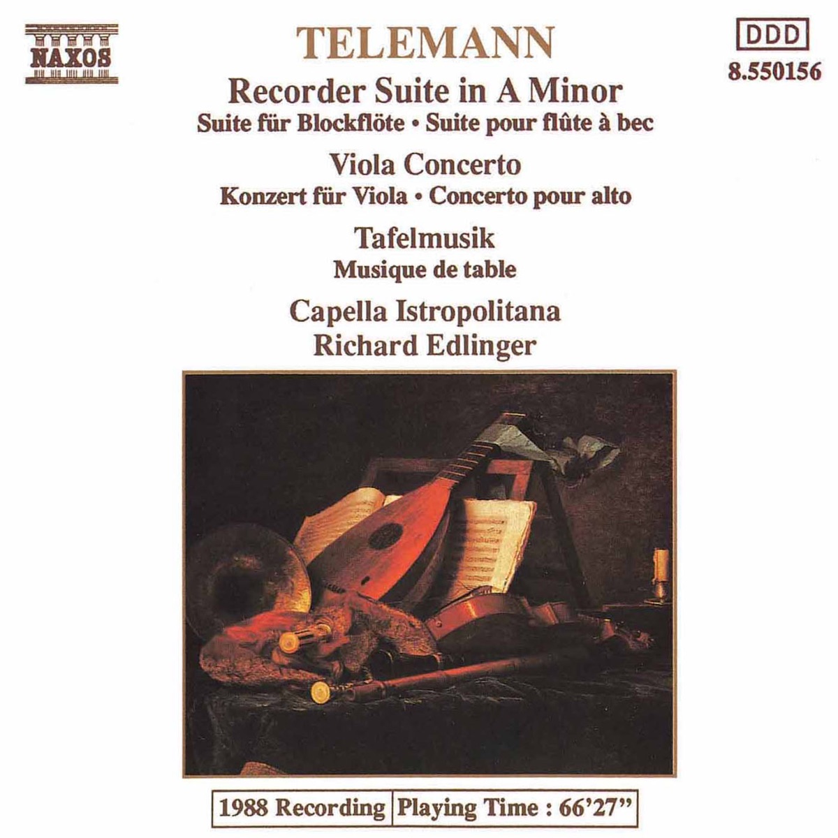 Telemann: Recorder Suite in A Minor, Viola Concerto, Tafelmusik: 2 Concerti by Richard Edlinger, Capella Istropolitana, Ladislav Kyselak, Jiří Stivin, Anna Hoelblingova, Alexander Jablokov, Quido Holbling, Bedrich Tylsar & Zdenek Tylsar album cover