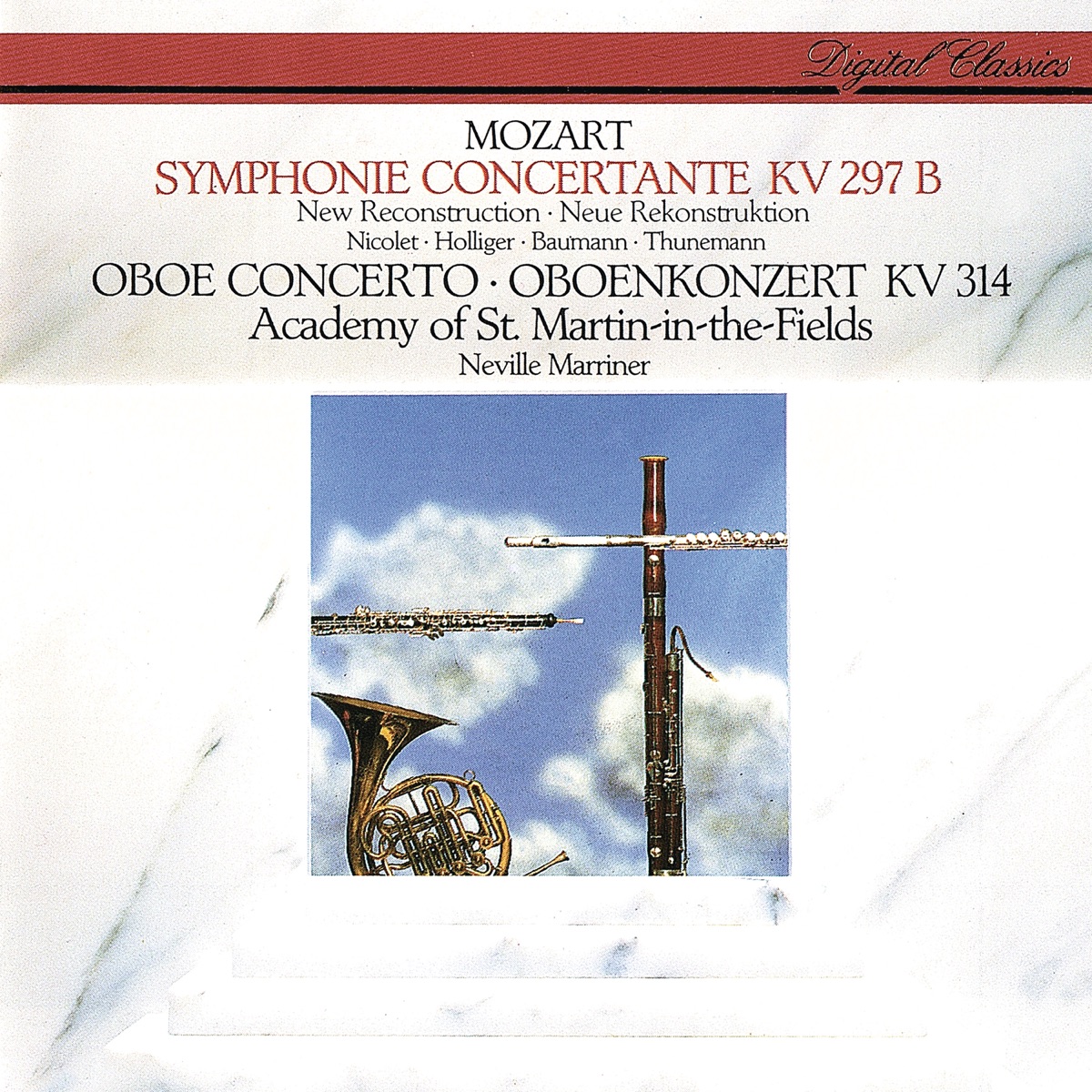 Mozart: Sinfonia Concertante; Oboe Concerto by Neville Marriner, Heinz Holliger, Aurèle Nicolet, Academy of St Martin in the Fields, Hermann Baumann & Klaus Thunemann album cover