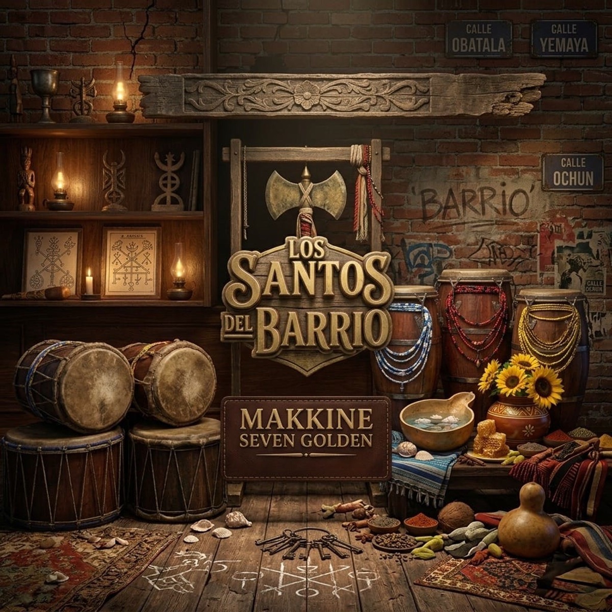 LOS SANTOS DEL BARRIO by makkine seven golden album cover